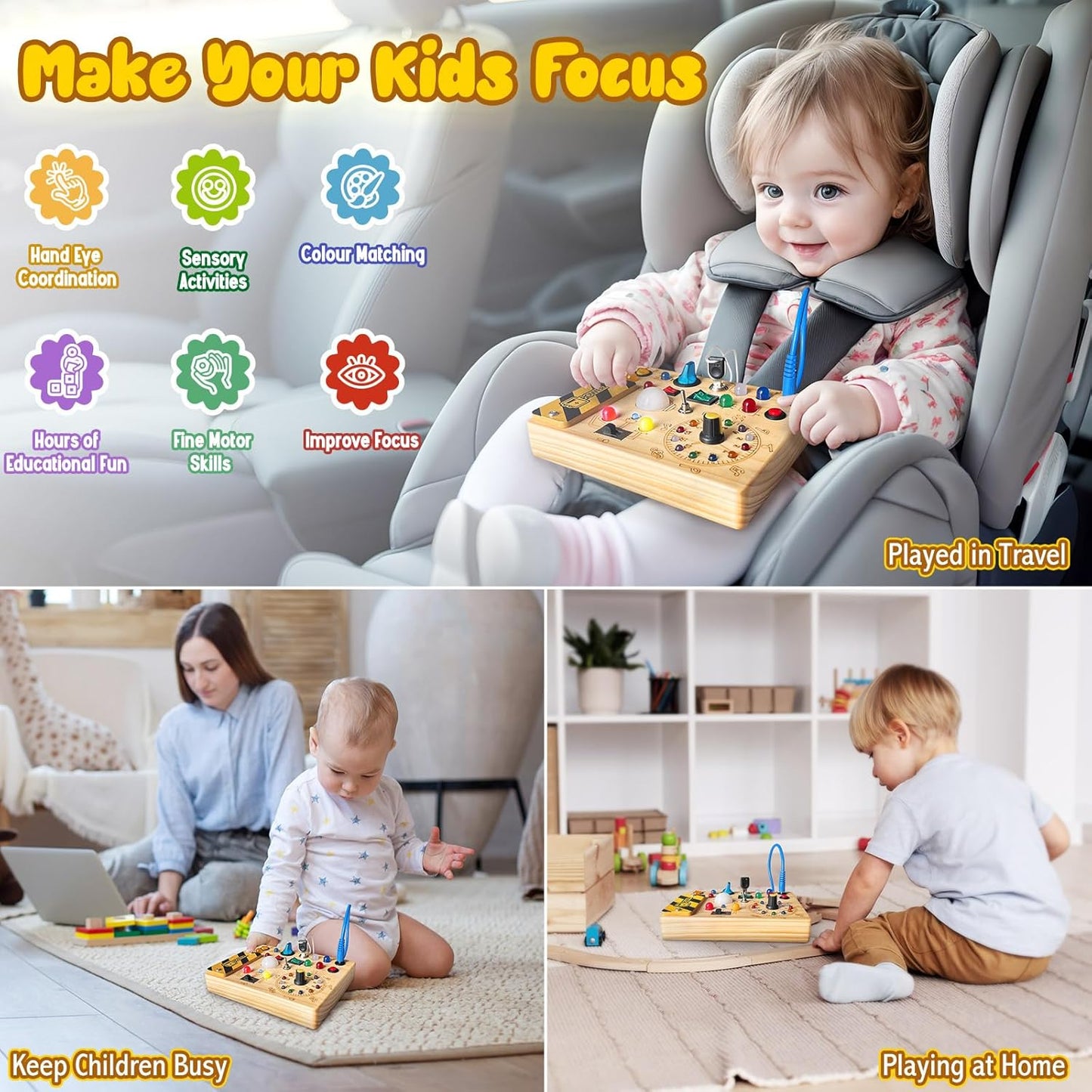 Montessori Busy Board with Lights and Switches for Toddlers