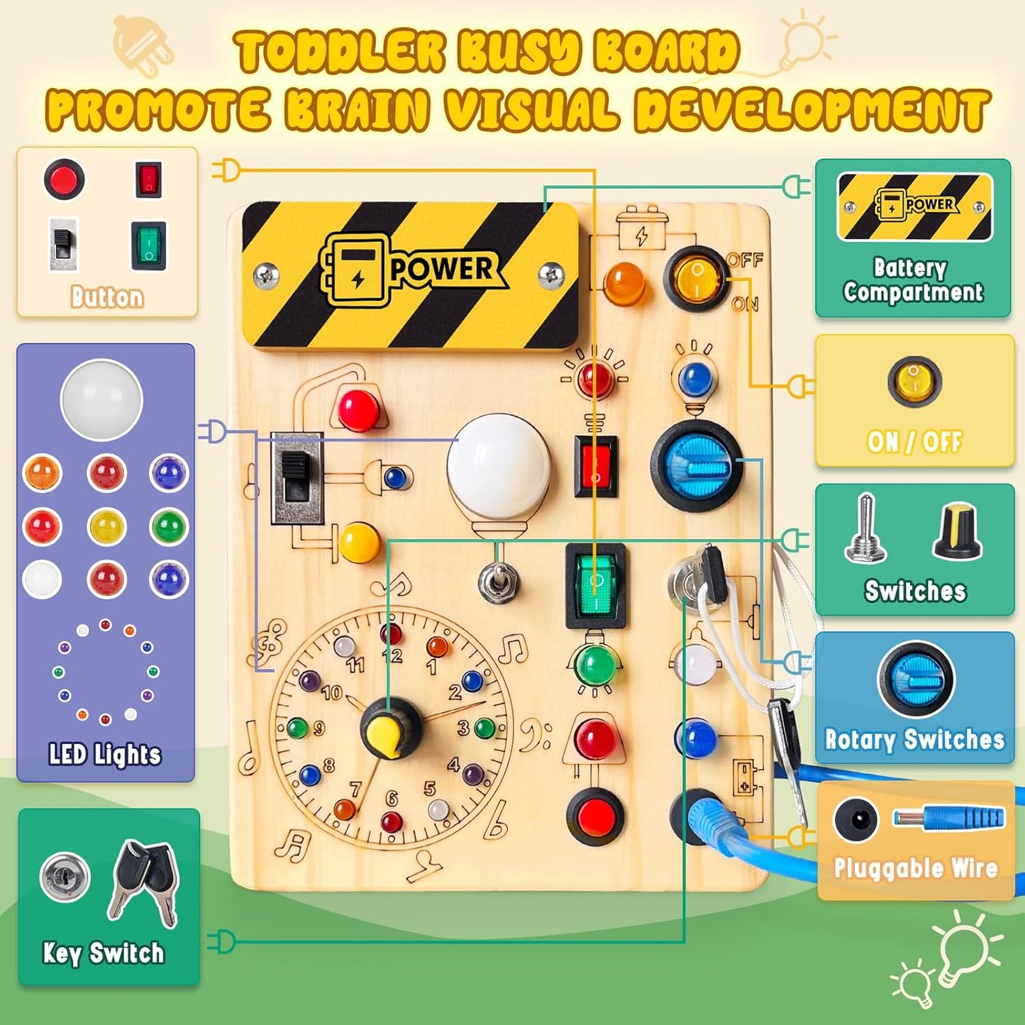 Montessori Busy Board with Lights and Switches for Toddlers